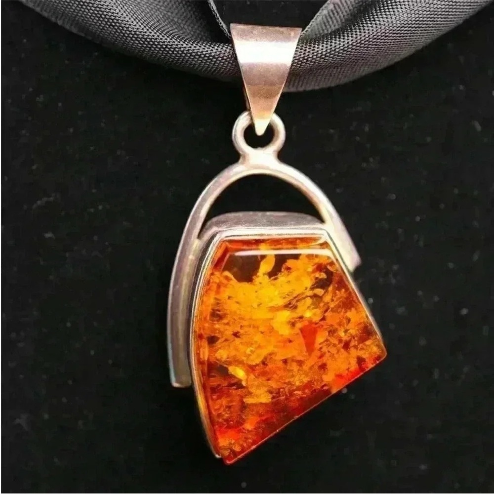 Large Honey Amber Pendant in Sterling Silver Modern Art Design